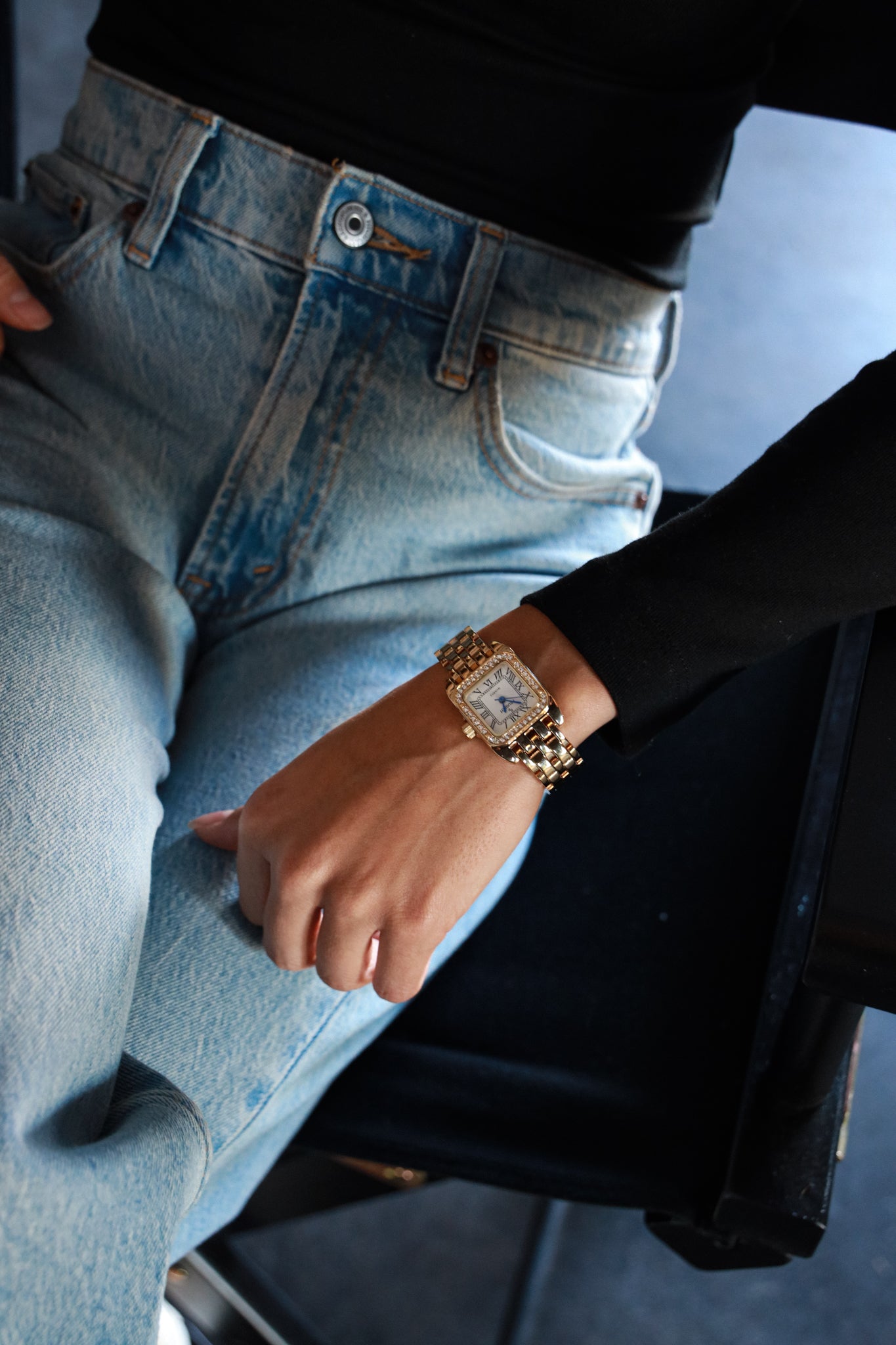 Women's 24mm Gold Tank Panther Link Bracelet Watch