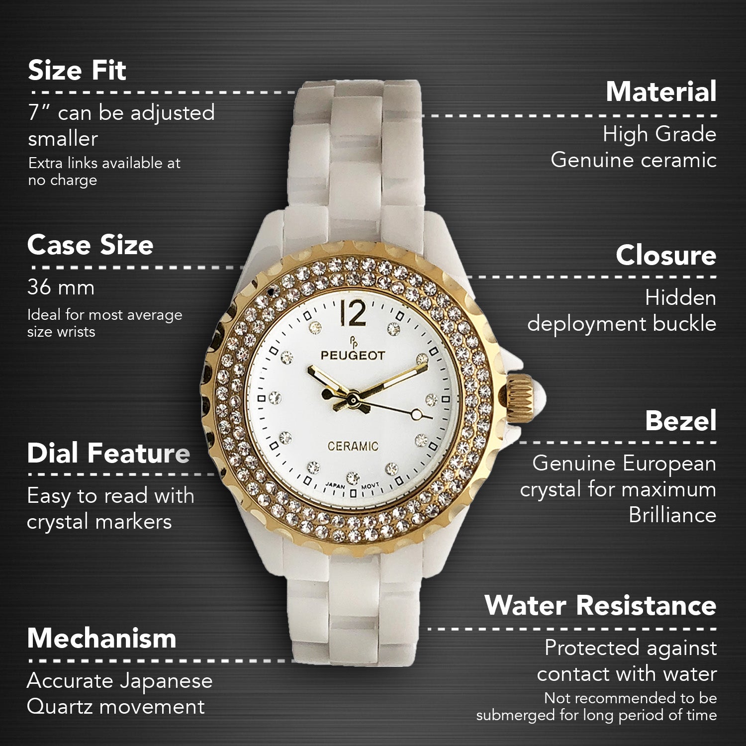 Women's 36mm White Ceramic Watch with Gold Crystal Bezel