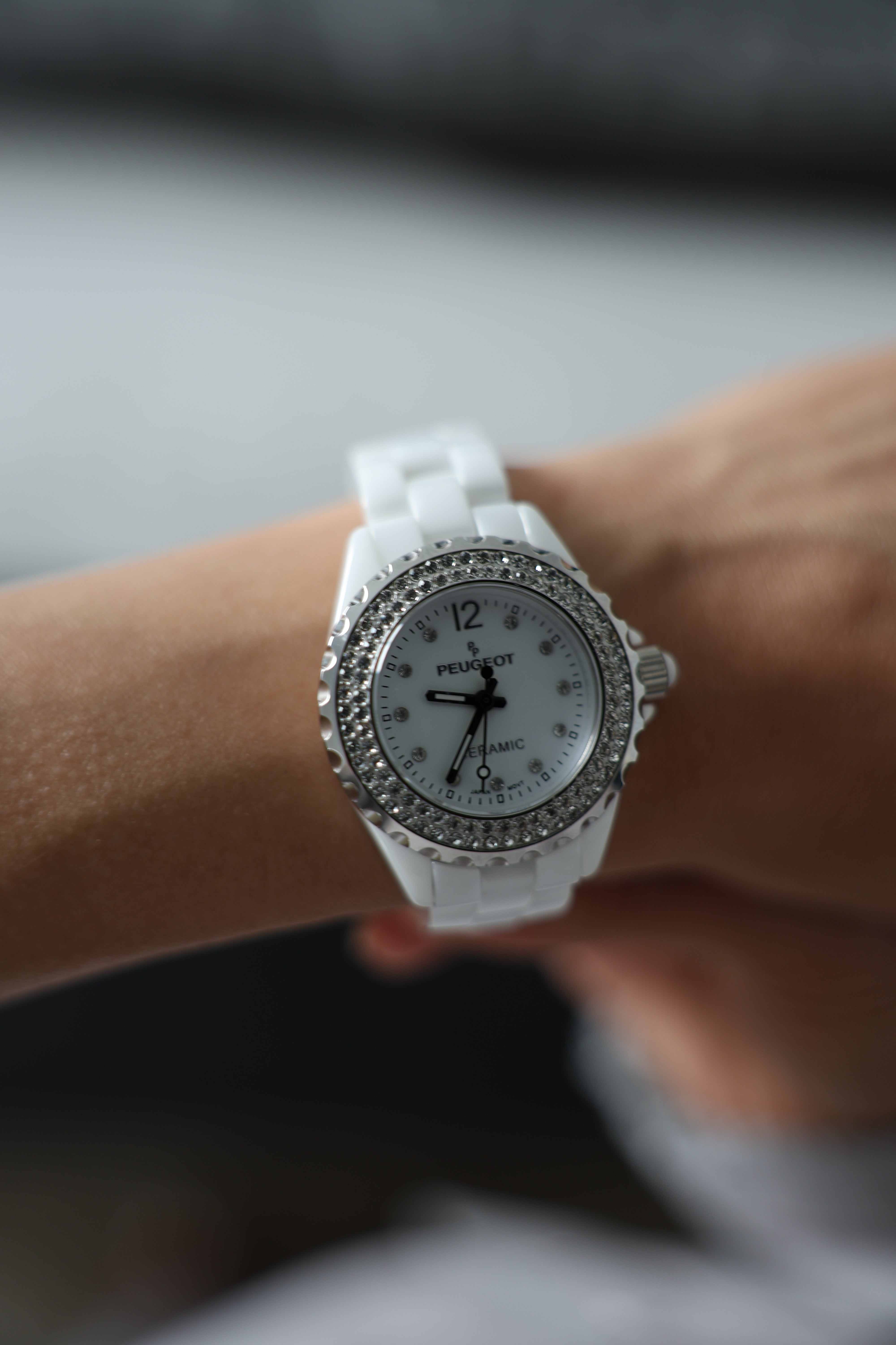 Women's 36mm White Ceramic Watch with Silver Crystal Bezel