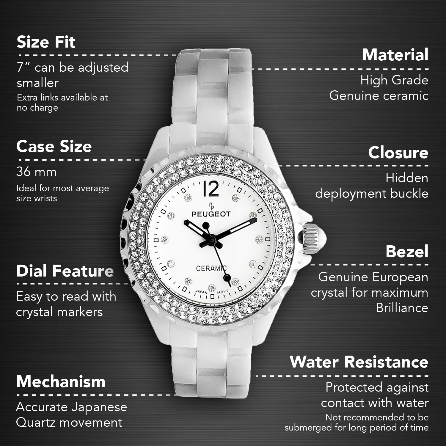 Women's 36mm White Ceramic Watch with Silver Crystal Bezel