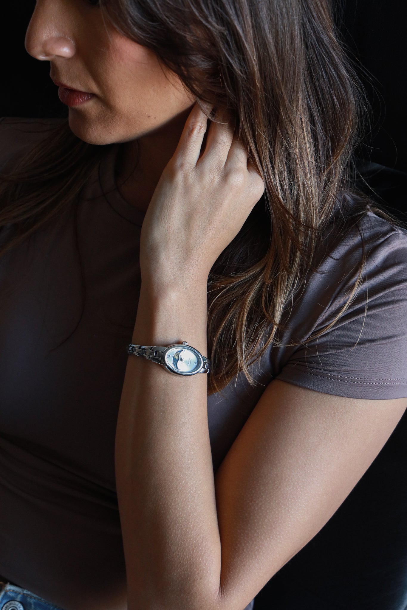 Women's Silver 30x25mm Sun Moon Dial Link Bracelet Watch