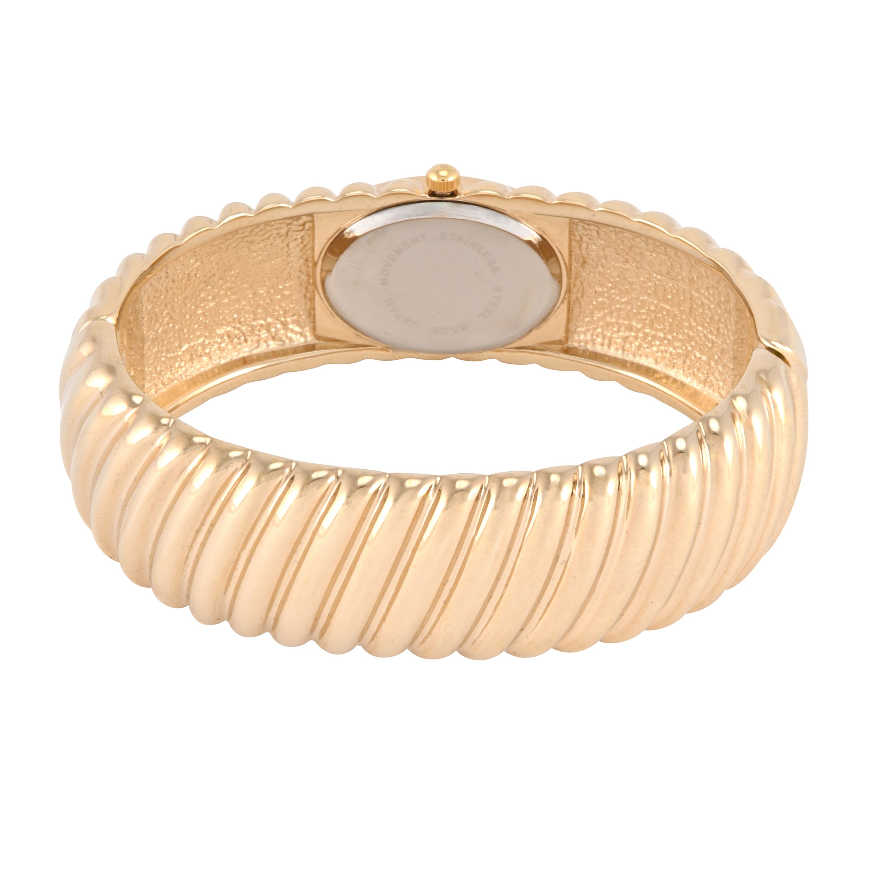 Women’s 14K Gold Plated Oval Dial Cuff Bangle Watch with Textured Bracelet