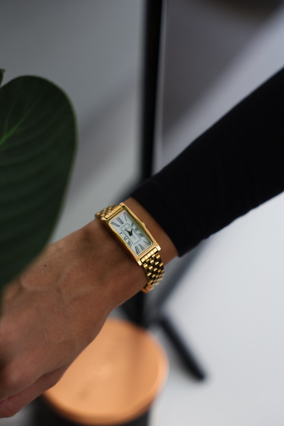 Women's 35x18mm 14K Gold-Plated Rectangular Roman Numeral Stainless Steel Watch