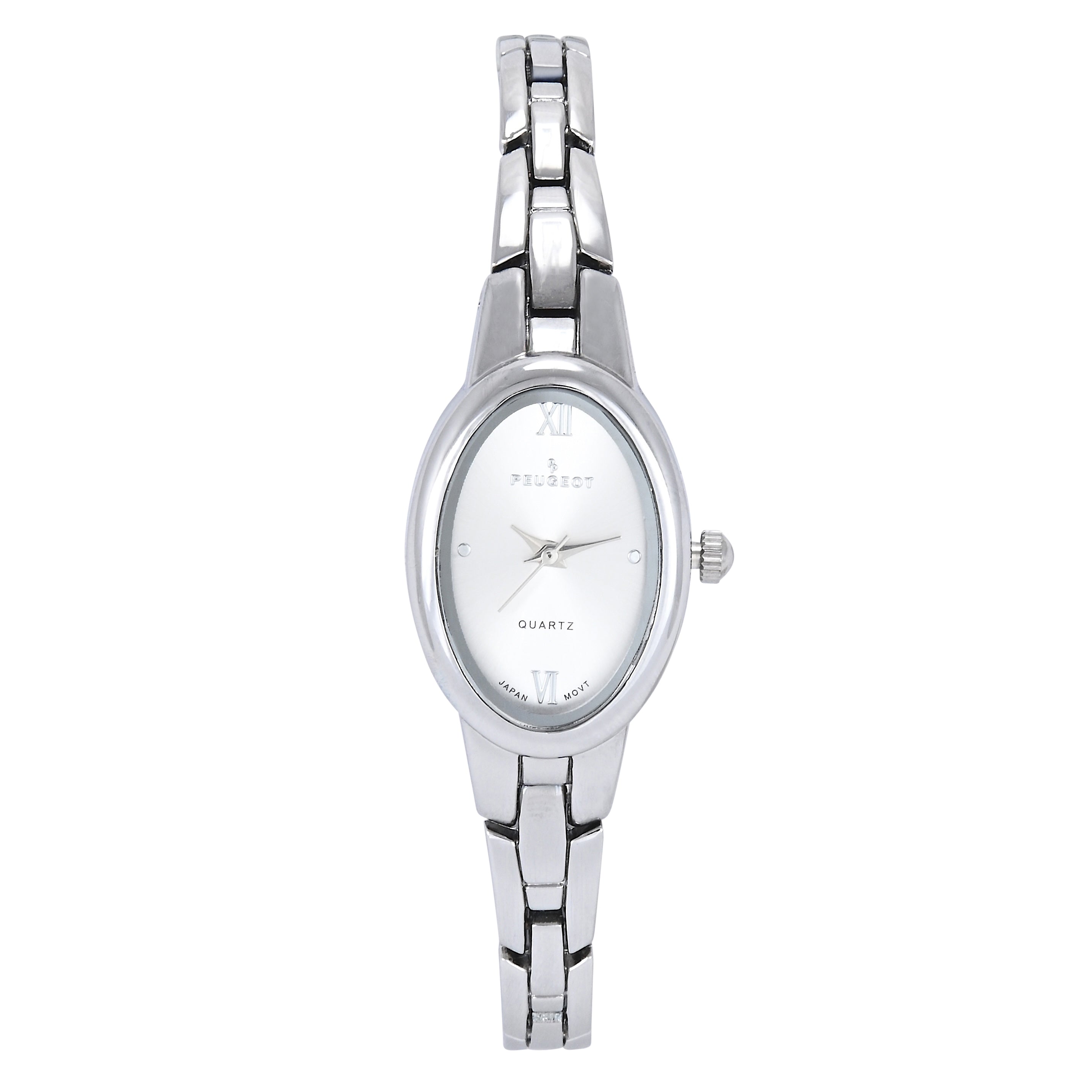 Peugeot Womens clean silver oval dial roman numeral classic sleek link bracelet dress watch 