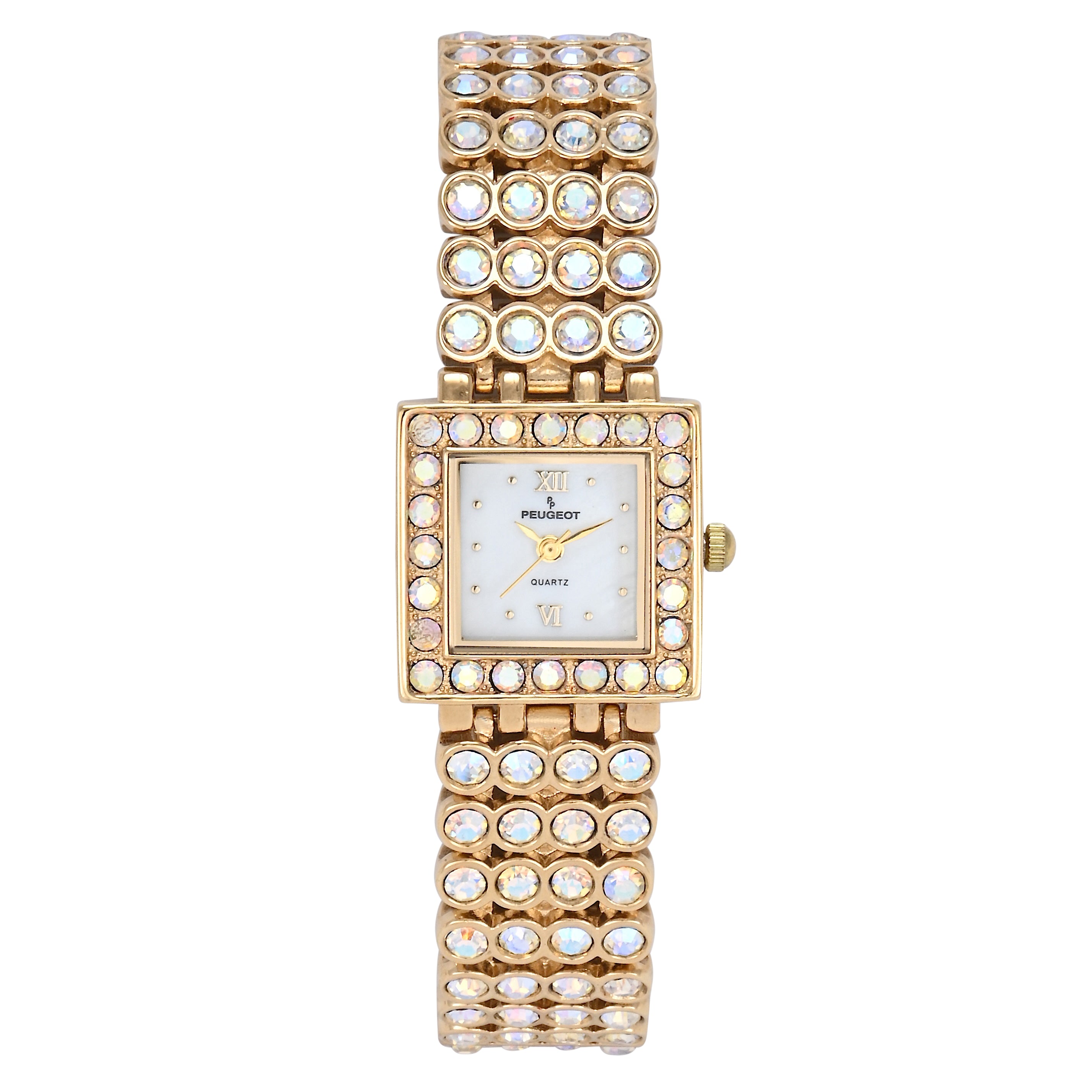 Peugeot womens square swarovski crystal studded mother of pearl bracelet Watch 