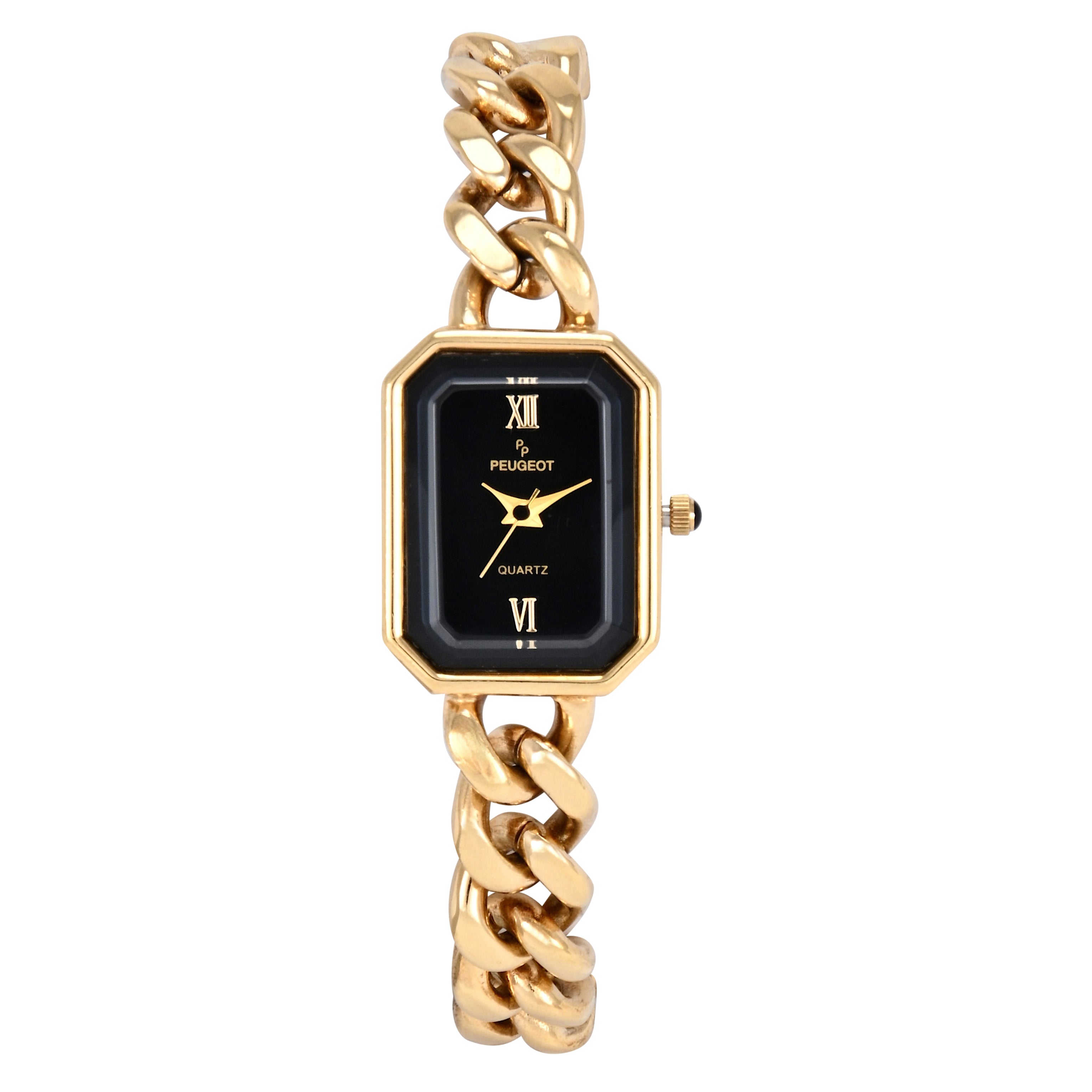Peugeot womens box link chain bracelet with black rectnular dial and roman numeral 