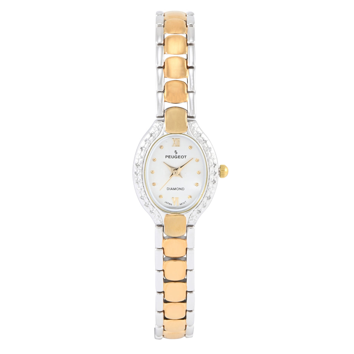 Peugeot Womens Two-Tone Oval Watch, Diamond Bezel and Self 
