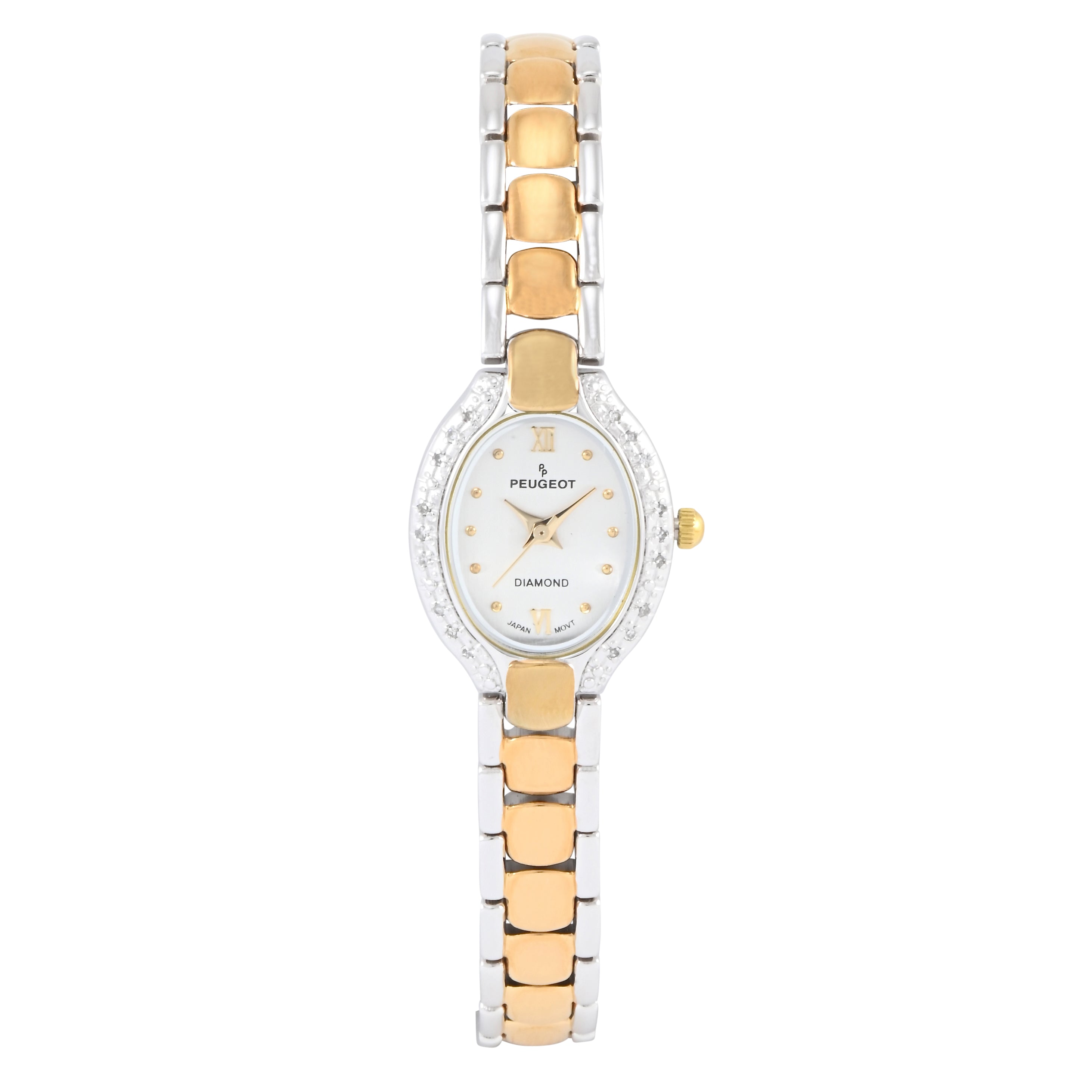 Womens Two-Tone Oval Dial Watch with Diamond Bezel and Two-Tone Bracelet