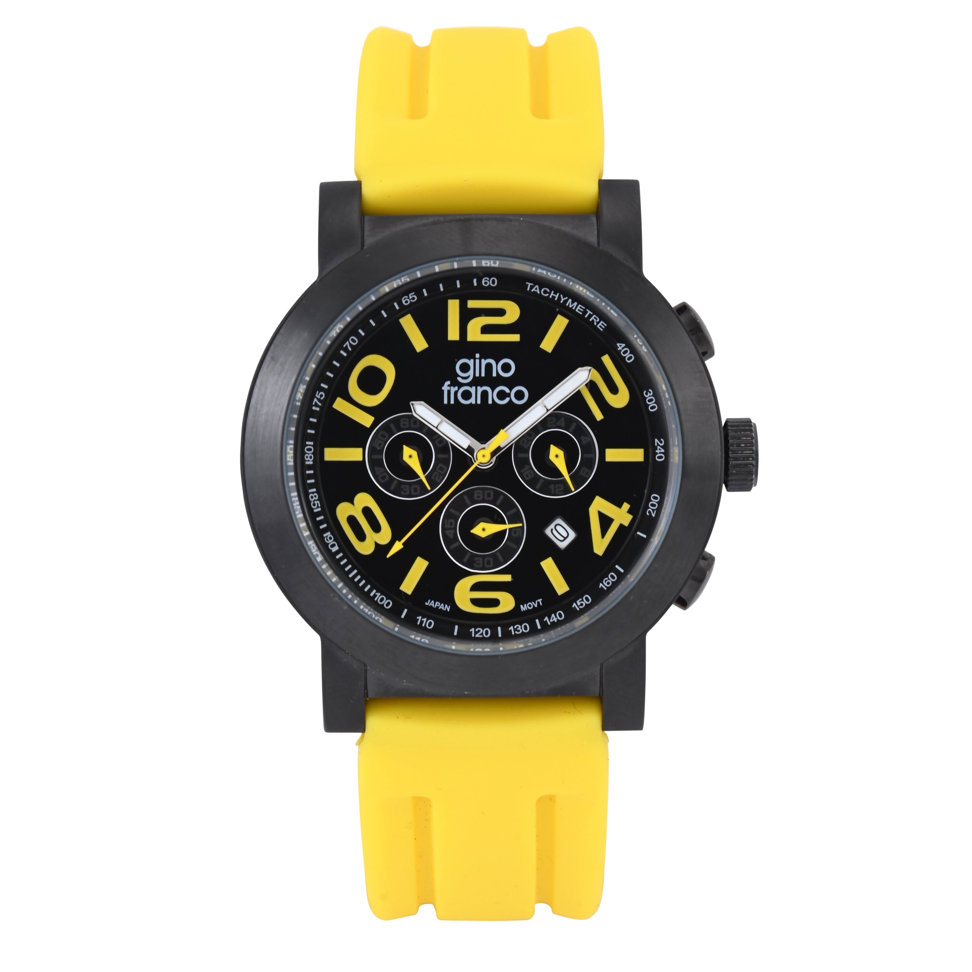 Gino Franco Mens Silicone Rubber Yellow Sport Watch with Chronograph Stopwatch