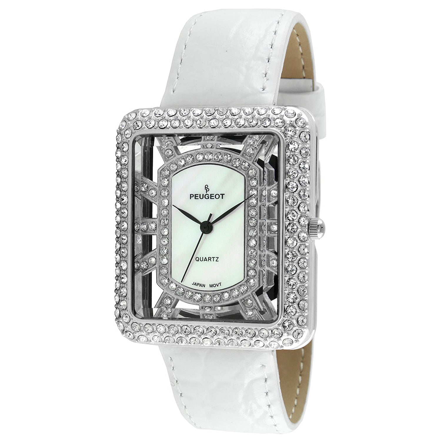 Women's Couture Crystal Silver Watch Tank shape with White Leather Strap