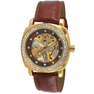 Women's Mechanical Skeleton Watch with Crystal Bezel & Brown Leather Band