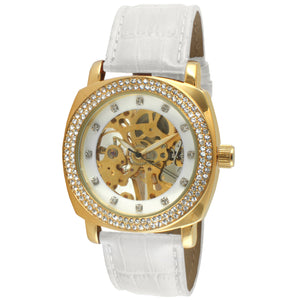 Women's Mechanical Skeleton Watch with Crystal Bezel & White Leather Band