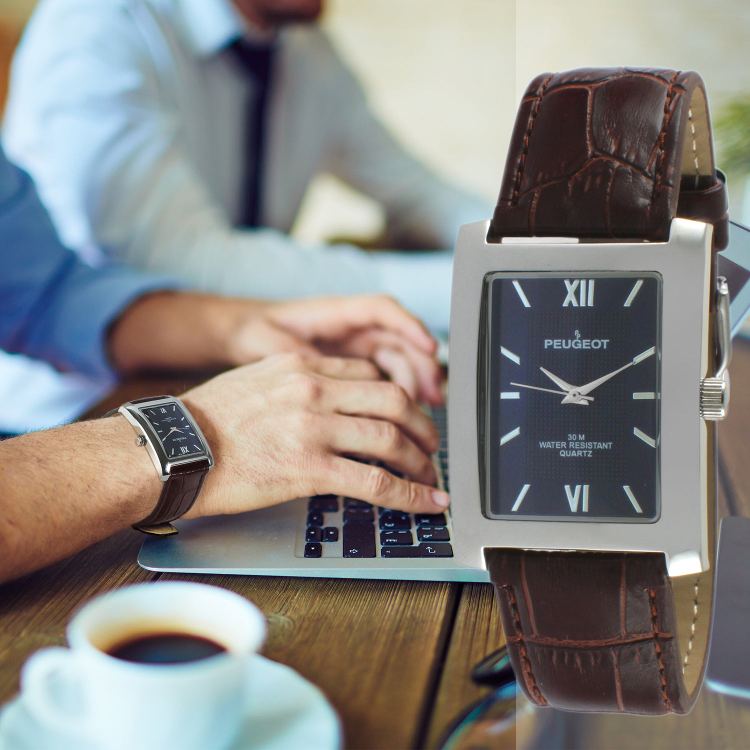 Peugeot Men s Watch Silver Tank Shape with Blue Dial and Brown