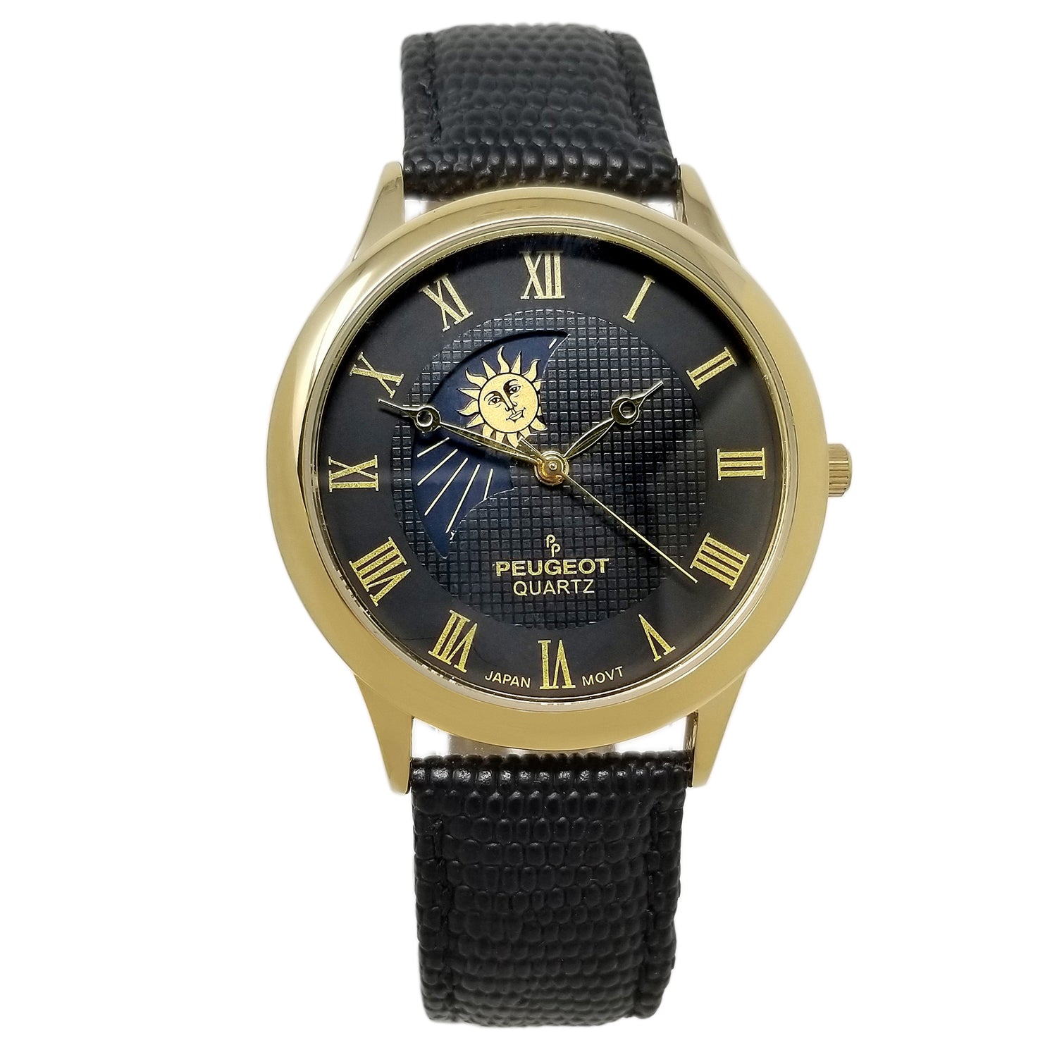 Men's 38mm Black Dial And Case Sun-Moon Leather Strap watch