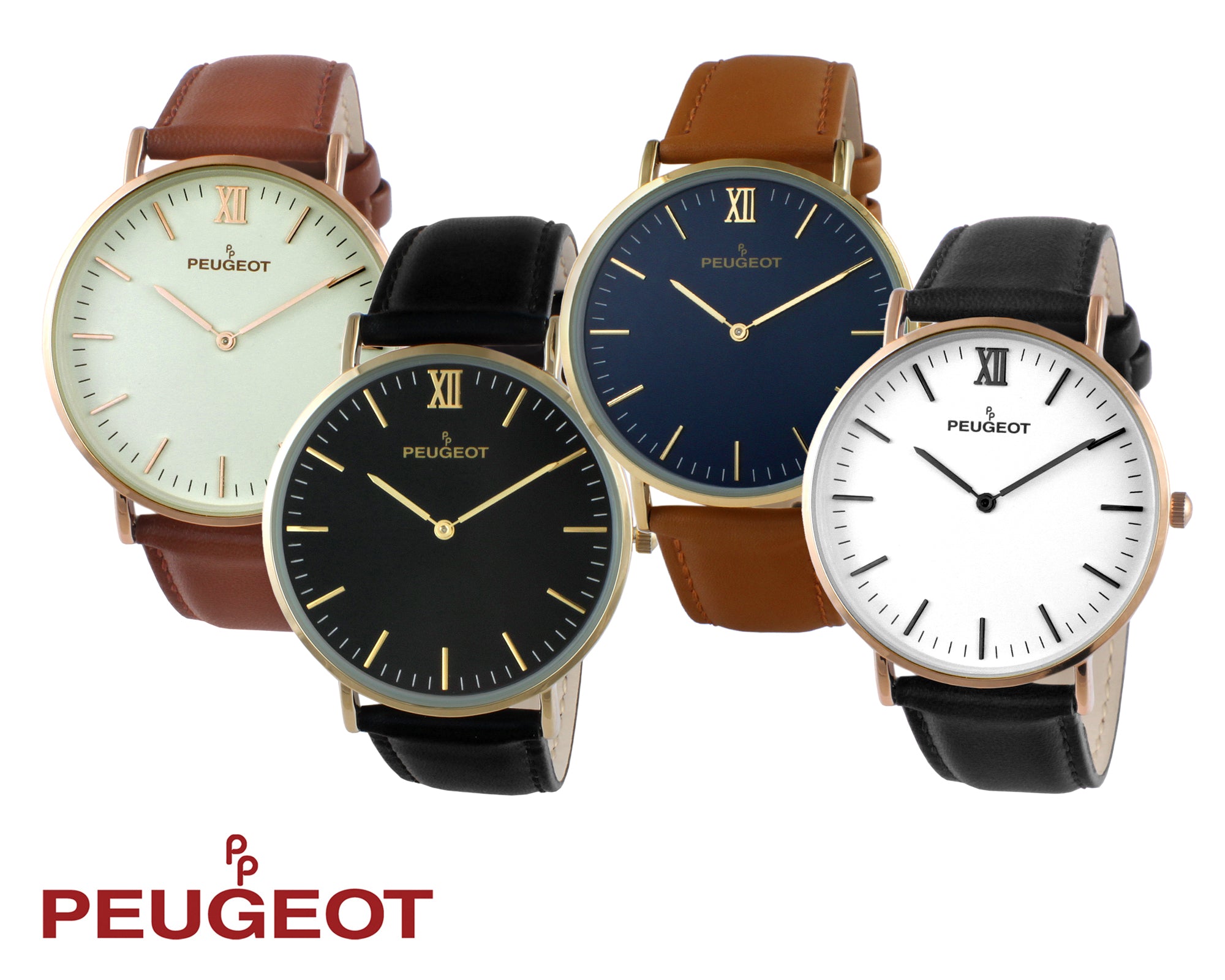 Peugeot Super Slim 14K Gold Plated Black Genuine Leather Band Sheffield Watch 2050G