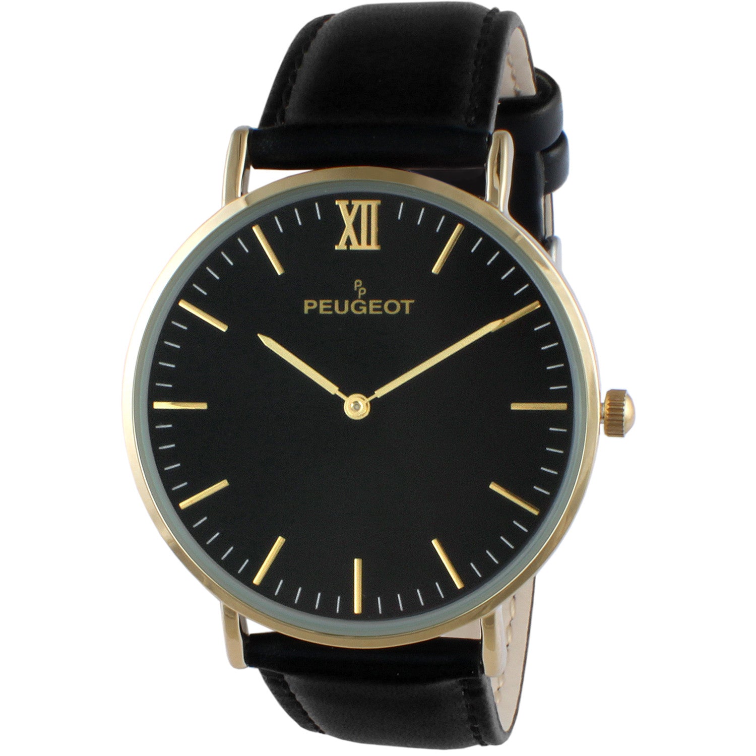 Peugeot Super Slim 14K Gold Plated Genuine Leather Band Sheffield Watch Black Men's