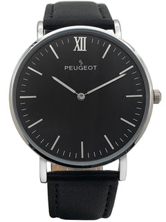 Men s 40mm Black Dial Silver Super Slim Case Leather Strap Watch