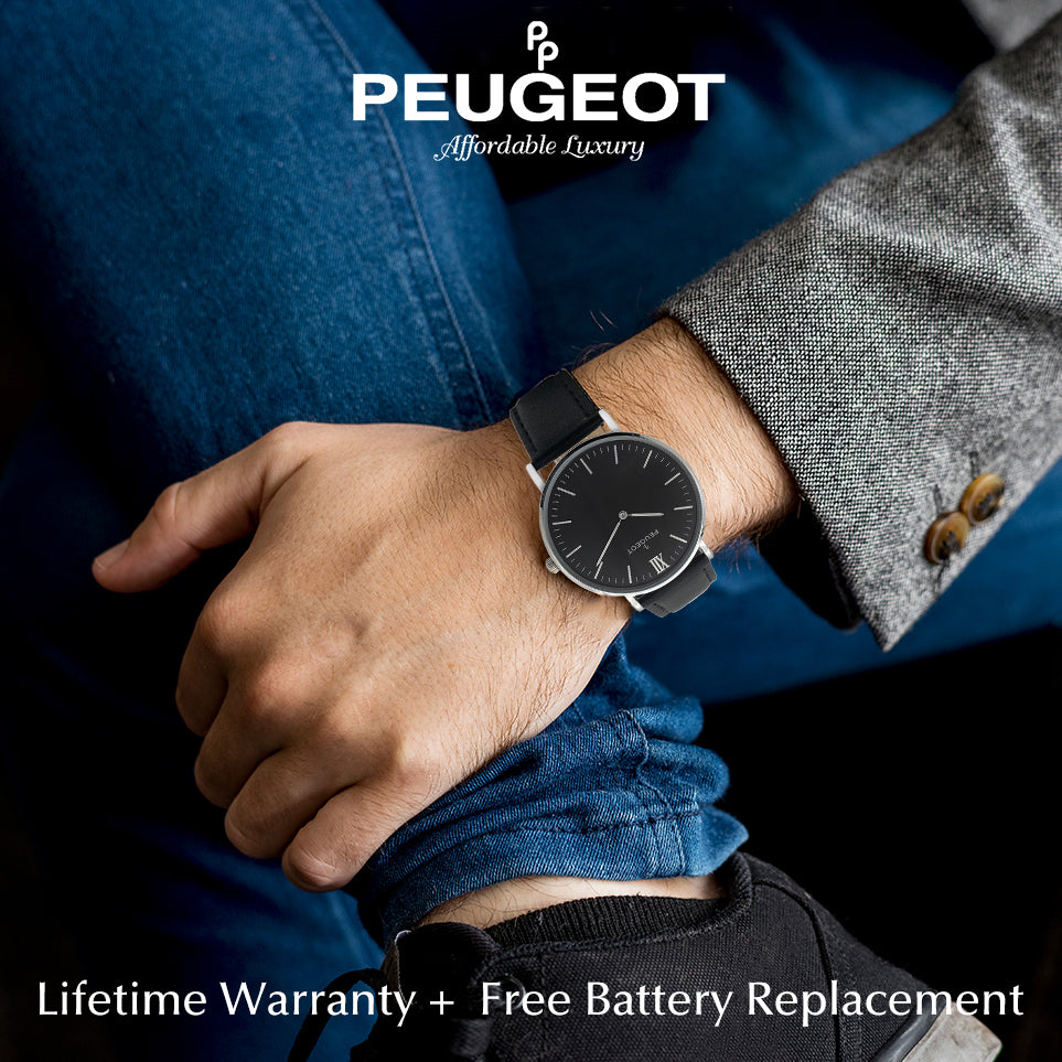 Peugeot Men's Watch Thin Round Silver Black Dial and Black Leather