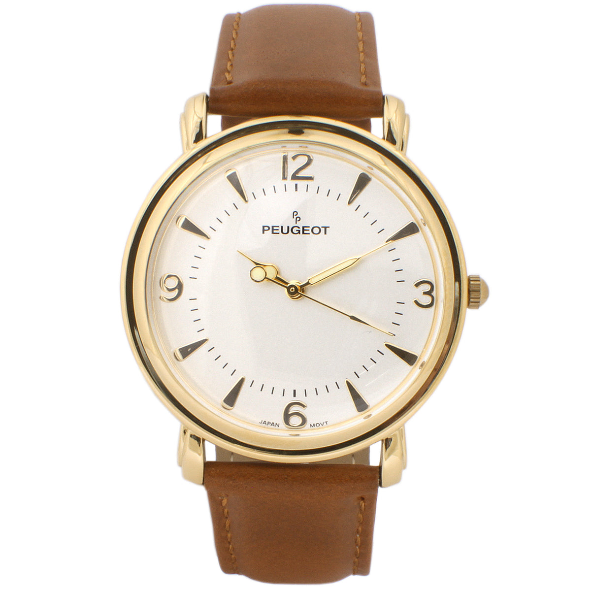 Brown Leather Strap Gold Case Watch For Gents Peugeot Men's