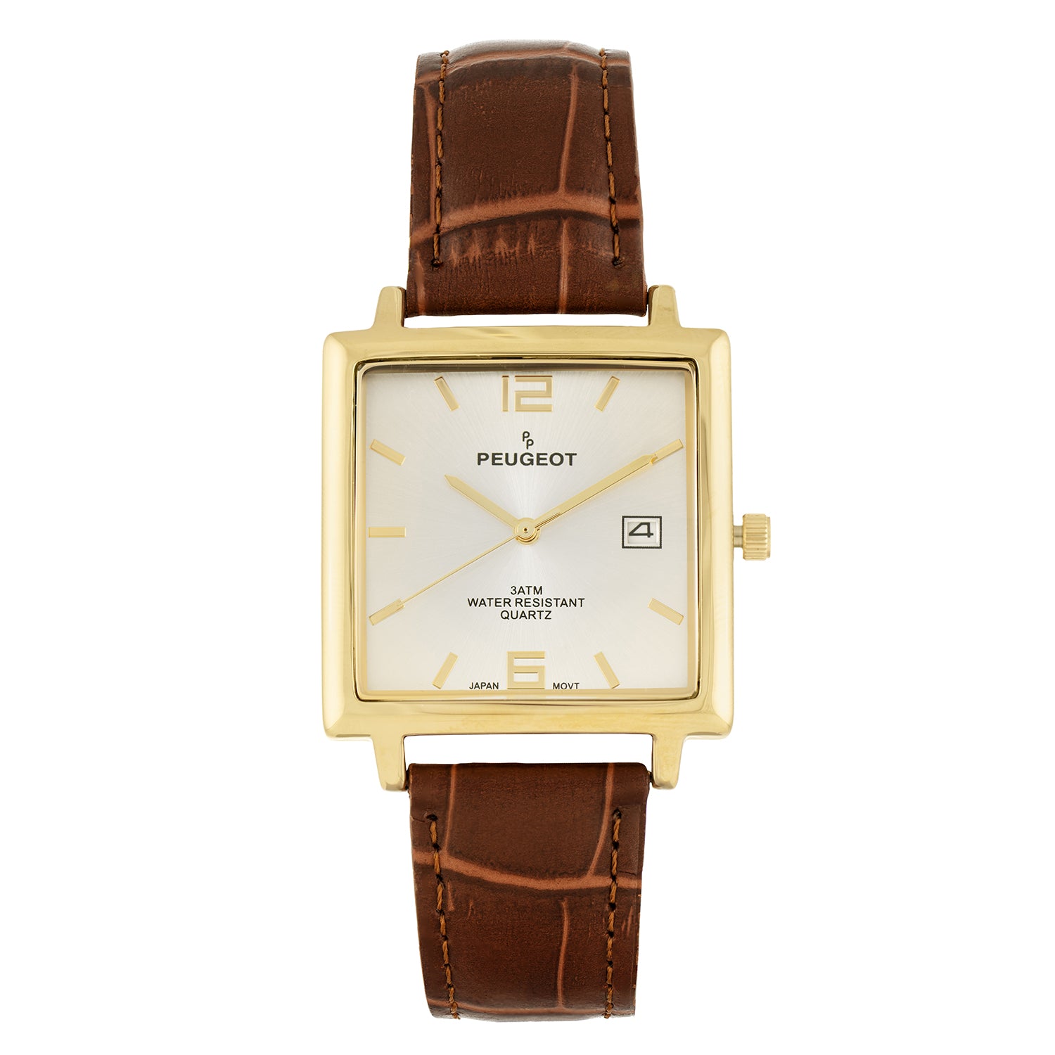 Peugeot Men's Watch Square Gold with Date Brown Leather Strap