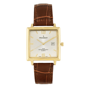 Men's 35mm 14K Gold Plated Square Watch with Brown leather Strap
