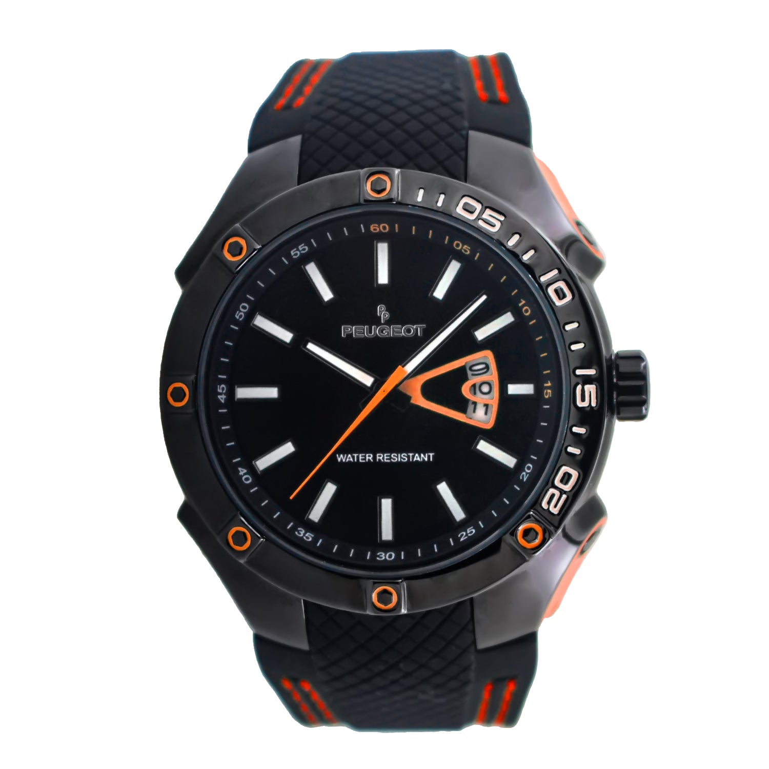 Men\'s 44mm Orange Sport Calendar Stitched Rubber Band Watch - Peugeot  Watches