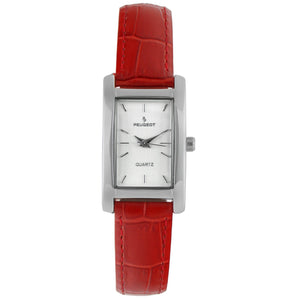 Women 34x20mm silver trim watch with white face and Red leather strap