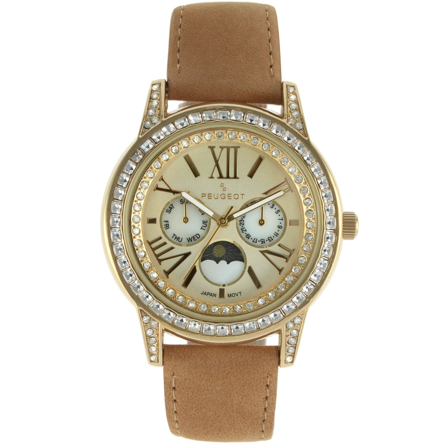 Woman Watches- Multi-function Crystal Dress Watch with Suede Strap by  Peugeot - Peugeot Watches