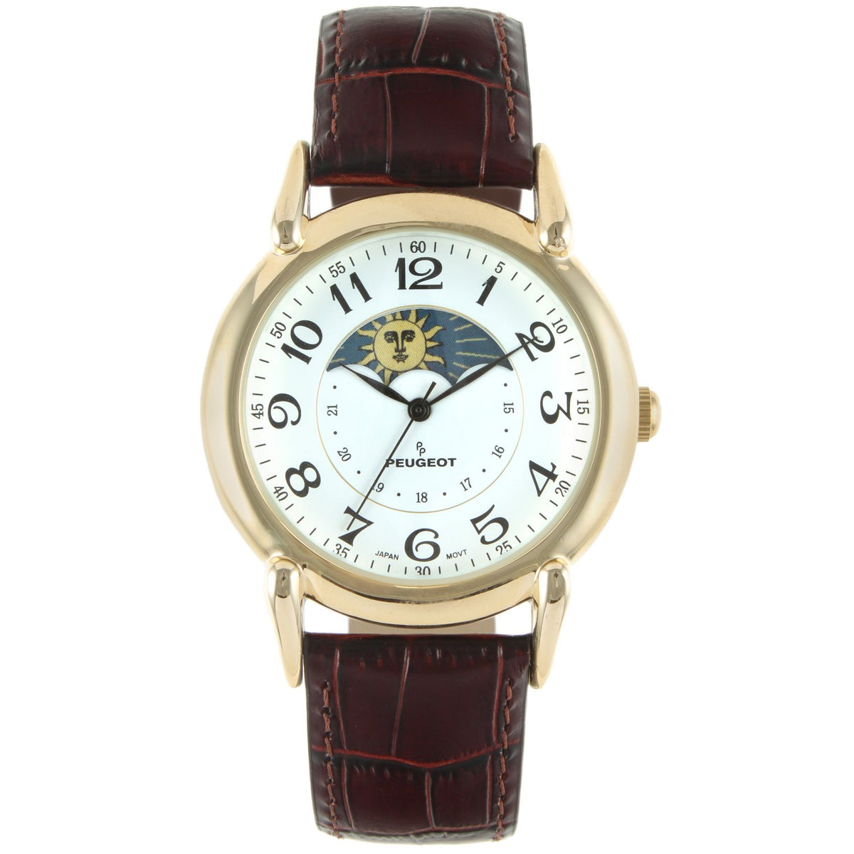 Peugeot Men's Watch Round Gold Sun-Moon Display with Brown Leather