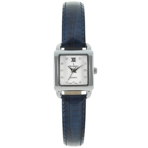 Woman 20mm Square watch with silver trim and a Silver face with crystal markers and a blue leather strap