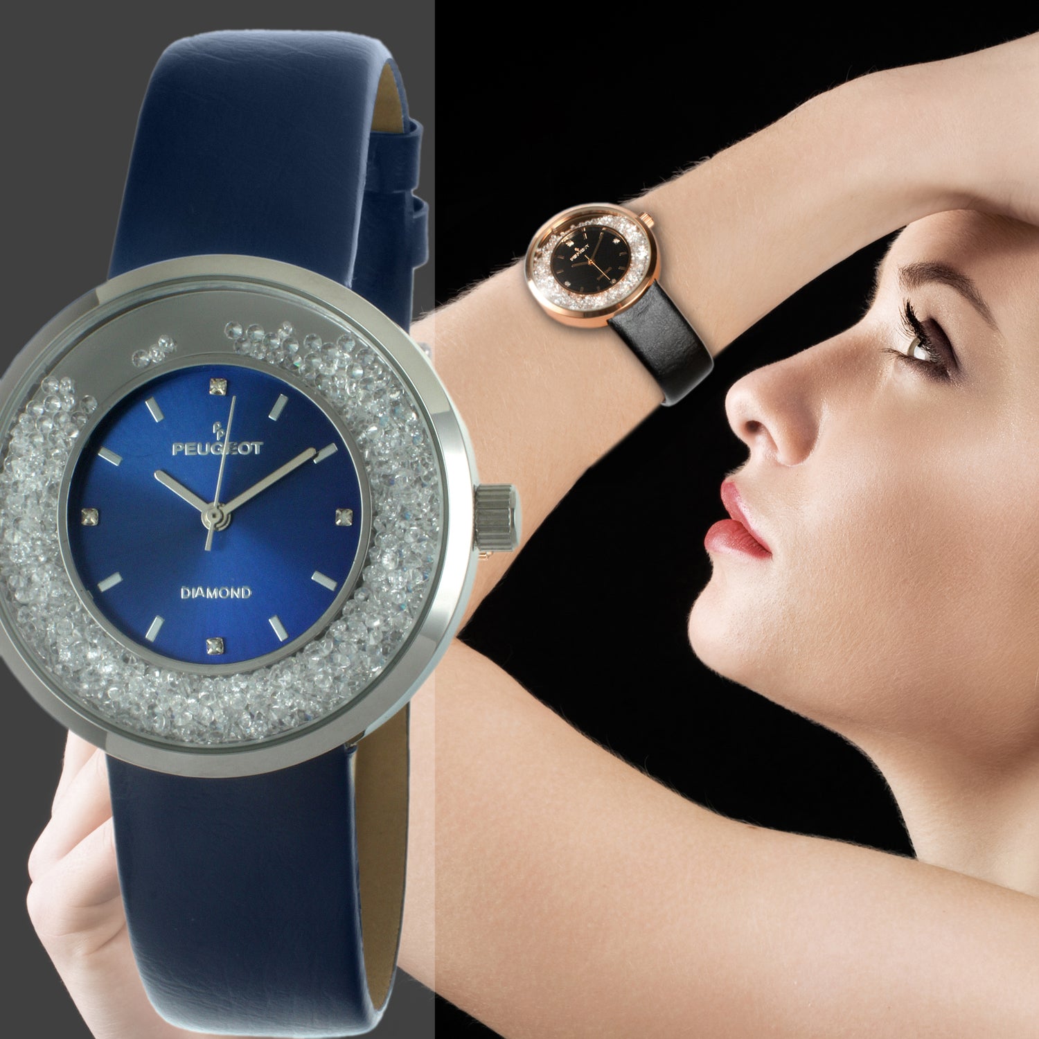 Women s Silver 38mm Floating CZ Diamond Blue Dial Watch