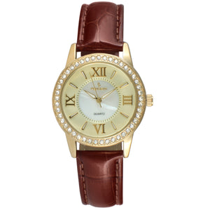 Women's Brown Watch 34mm Crystal Bezel Leather Strap