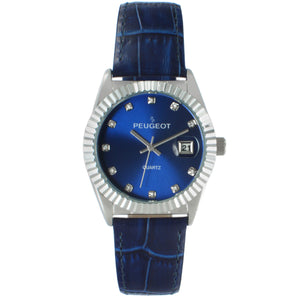 Women's 36mm Blue Fluted Bezel Watch with Leather Strap