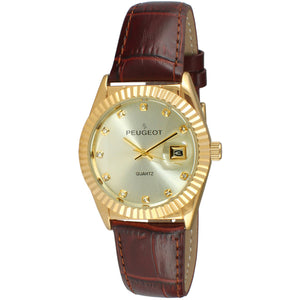 woman 36mm round face watch , gold plated fluted bezel , crystal markers and date, with a brown leather strap