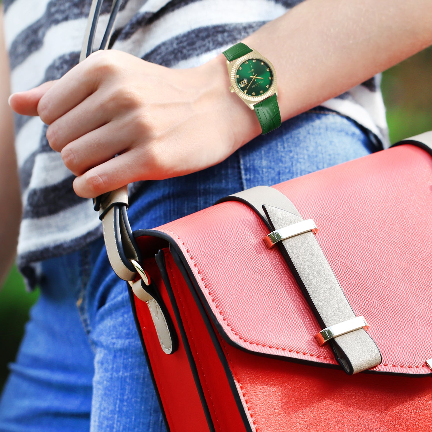 Women's  Green 36mm Fluted Bezel Watch with Leather Strap