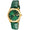 woman 36mm round face watch with gold plated fluted bezel, crystal markers and date, with a green leather strap