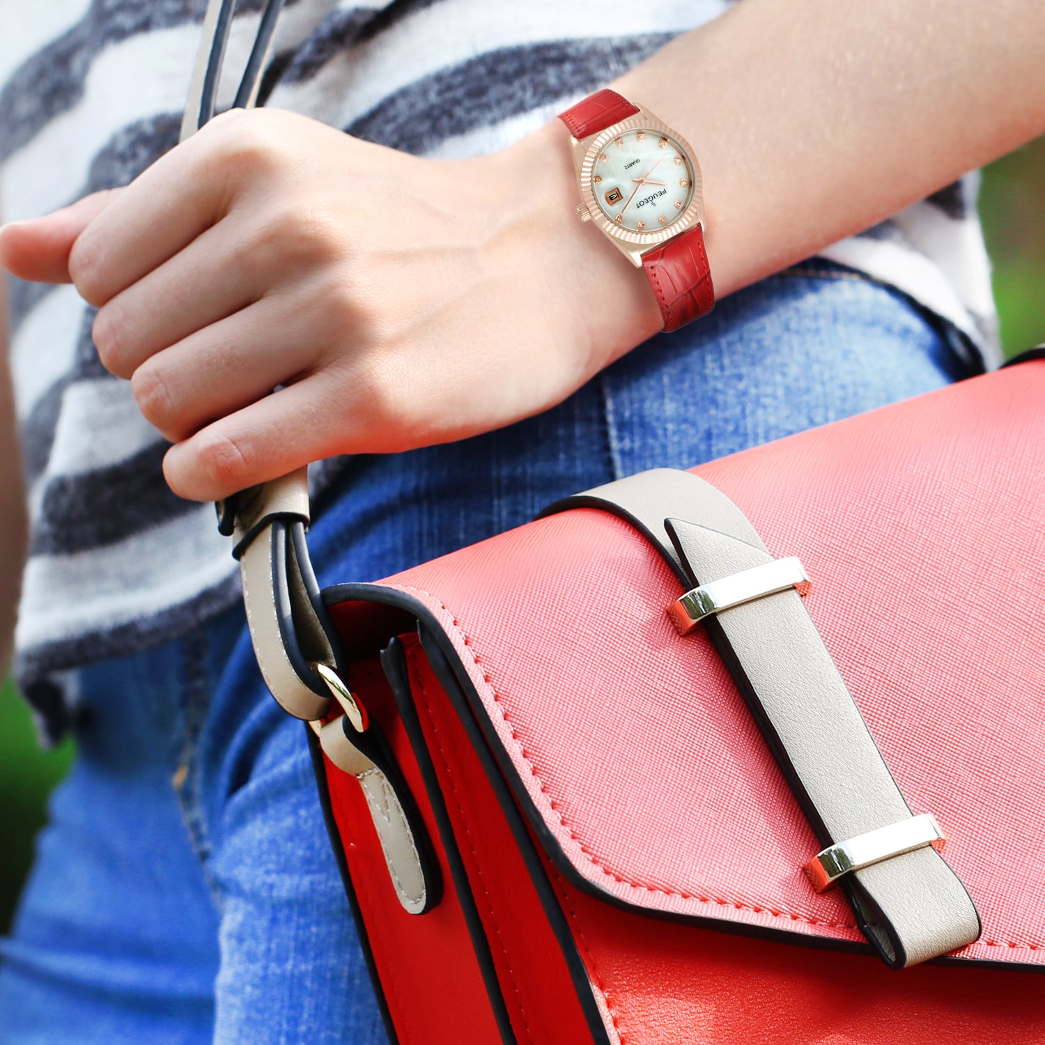 Women 36mm Red Fluted Bezel Watch with Leather Strap