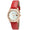 womens 36mm round face watch with rose gold fluted bezel, crystal markers and date, with a Red leather strap