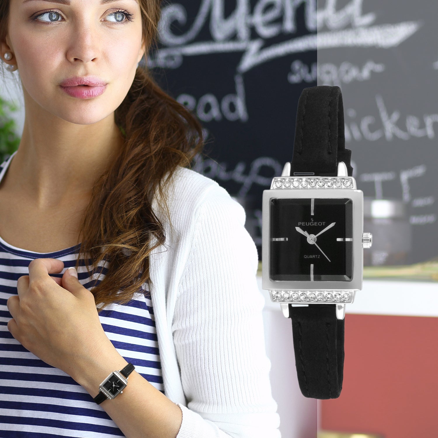 Women's 22mm Silver Crystal Watch With Black DIal & Strap