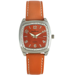 Women's 32mm Orange Crystal Bezel Leather Strap Watch