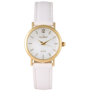 Woman 24mm Round face gold trim watch, with white face And gold easy to read hour markers and a white leather band