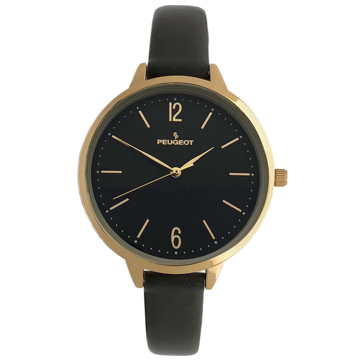 Peugeot Women's Watch Gold Round Large Black Face Black Leather Strap