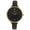 Woman 38mm round face watch with Gold Trim, Black face with gold markers, with a Skinny black leather band