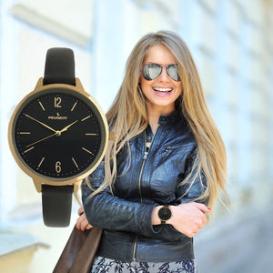 Peugeot Women's Watch Gold Round Large Black Face Black Leather