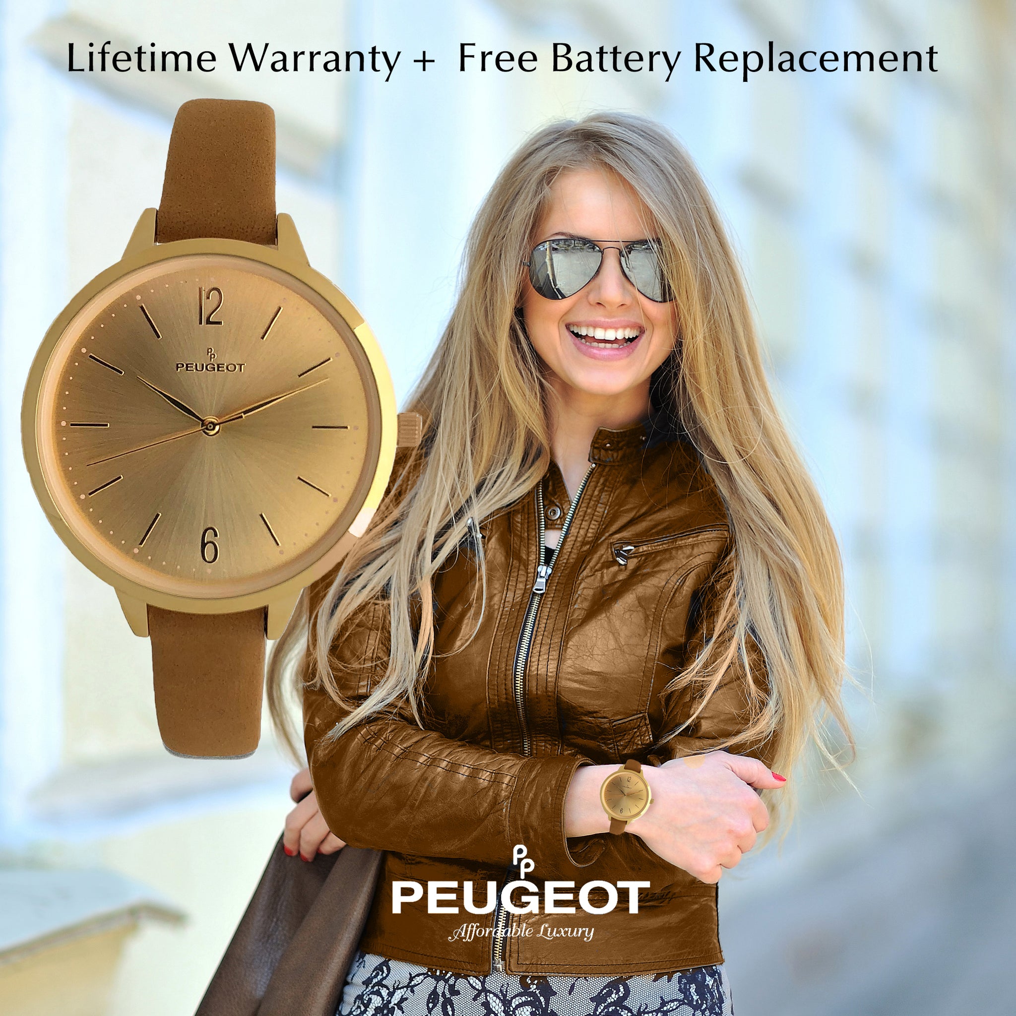 Peugeot Women's Watch Gold Round Large Gold Face Brown Leather