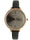 Woman 38mm round face watch with Gold Trim, Grey face with gold markers, with a Skinny black leather band