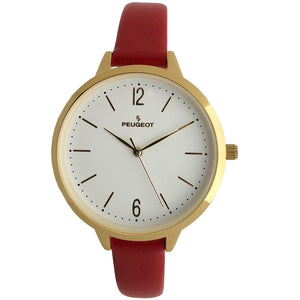 Woman 38mm round face watch with Gold Trim, White face with gold markers, with a Skinny Red leather band