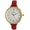 Woman 38mm round face watch with Gold Trim, White face with gold markers, with a Skinny Red leather band