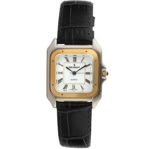 Women 36mm Tank shape watch with silver trim and a gold bezel. White face with roman numerals and a black leather strap