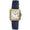 Women 36mm Tank shape watch with silver trim and a gold bezel. White face with roman numerals and a blue leather strap 